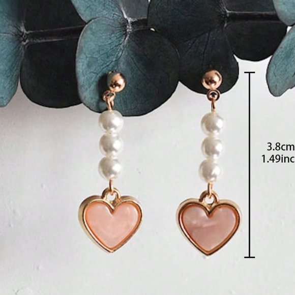 Vintage Look Gold and Pink Heart Pearl Earrings - Picture 7 of 8
